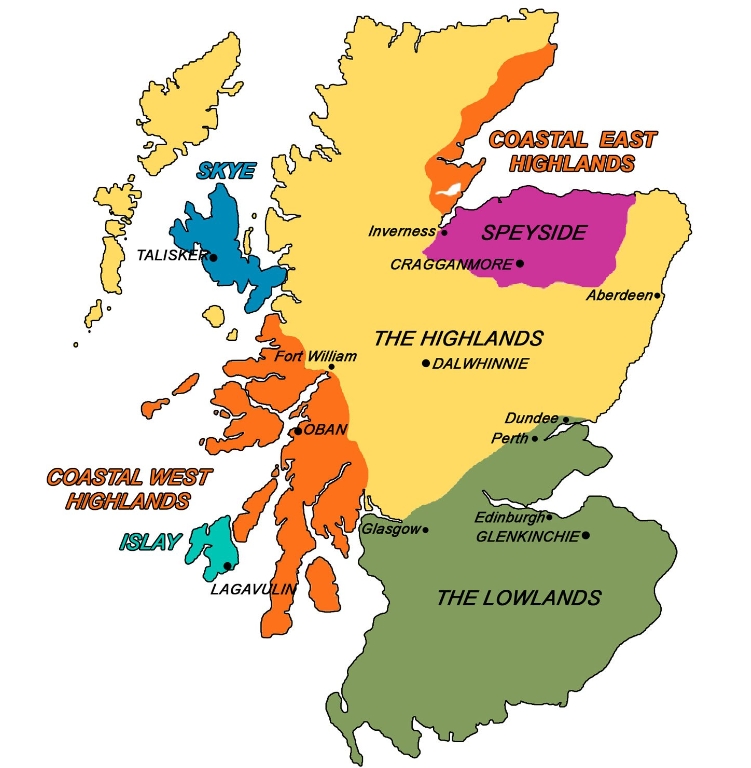 스코틀랜드 위스키 제조 지역 지도.(그림=Philodex). 그린수소 실증사업은 하이랜드(The Highlands) 지역 증류소에서 이뤄지고 있다. 