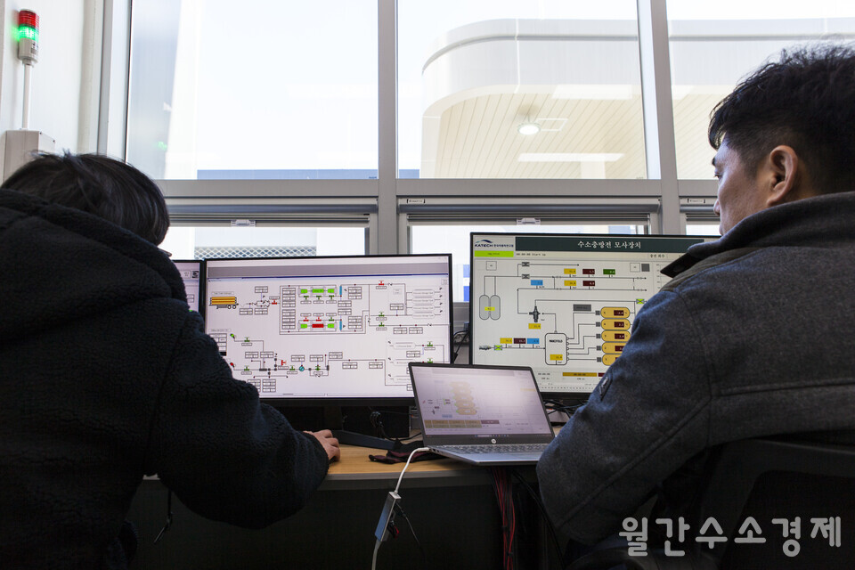 연구진들이 제어동에서 수소충방전 모사장치를 작동시키고 있다.