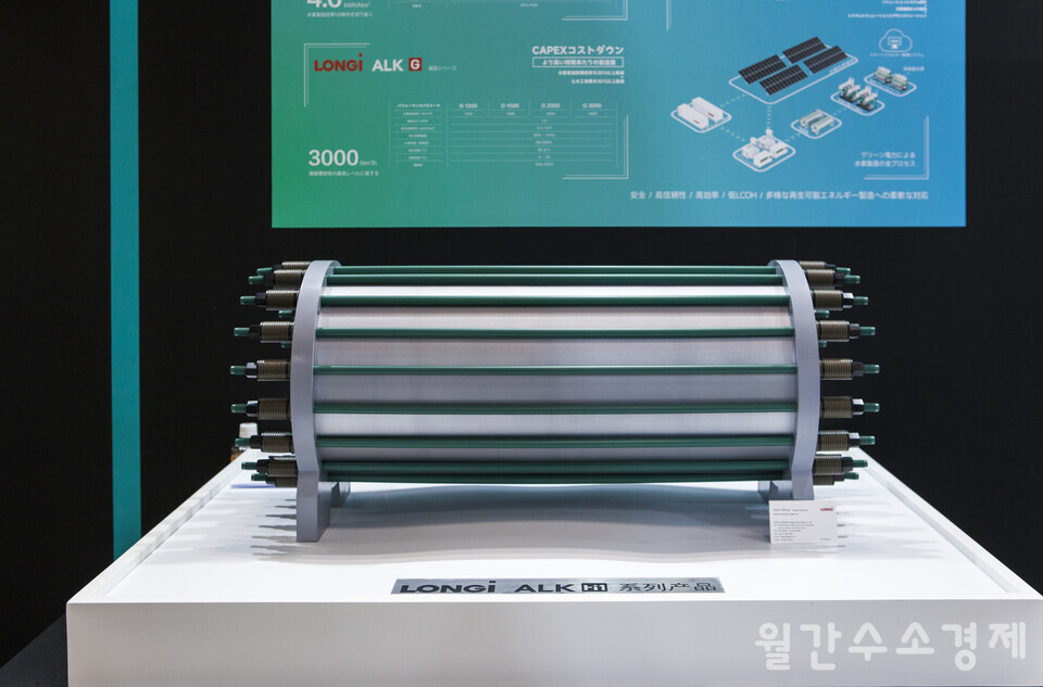 태양광, 배터리(BESS) 사업을 주도하는 중국이 수전해 사업에도 공을 들이고 있다. 사진은 론지(LONGI) 사의 알칼라인 수전해 ‘ALK Hi1’ 모형이다.
