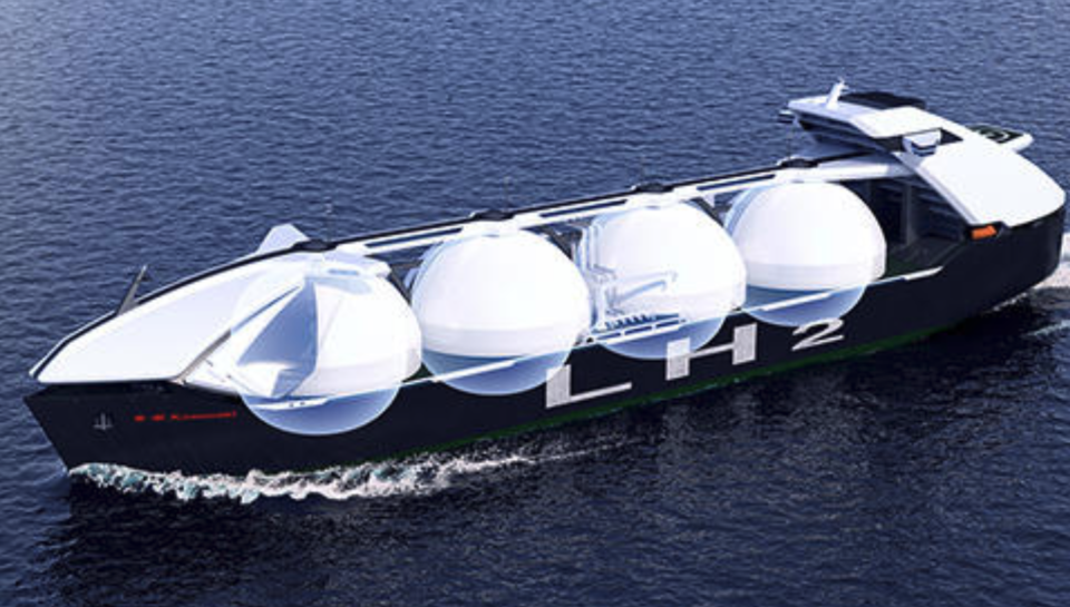 16만㎥ 용량의 수소탱크를 장착한 액화수소운반선 조감도.(그림=가와사키중공업)