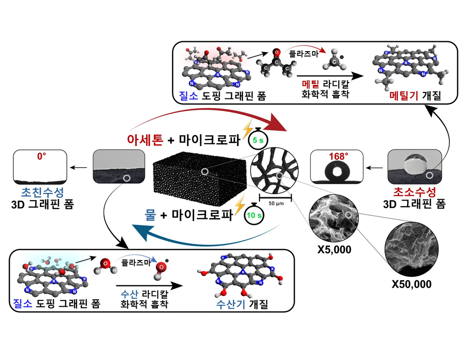 질소가 도핑된 3D 그래핀 폼에 대한 용매 기체 환경 조성, 마이크로파 기반 플라즈마 처리를 통한 빠른 젖음성 전환을 도식화했다.(그림=POSTECH) 