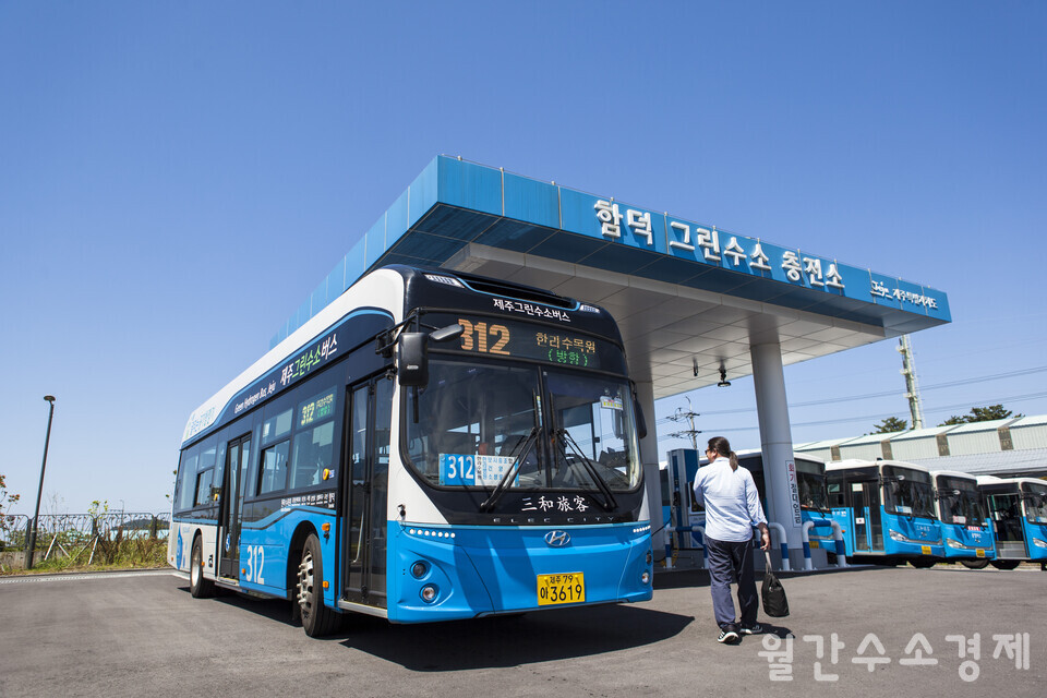 제주도가 분산에너지 특화지역으로 조성할 구좌읍 함덕리에 있는 그린수소충전소와 수소버스.