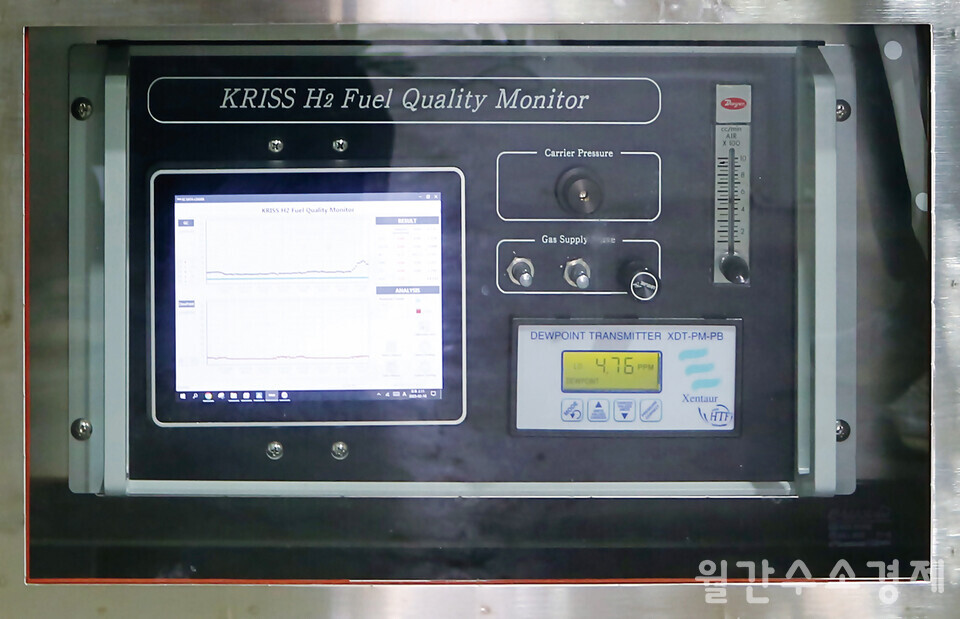 방폭 시스템 안에 있는 수소연료 품질 실시간 모니터링 장비. 패널 오른쪽에 있는 숫자는 수소연료 수분불순물 수치.