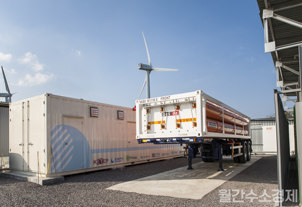 제주 상명풍력발전단지의 500kW급 수전해 그린수소 생산 실증 현장.(사진=성재경 기자)