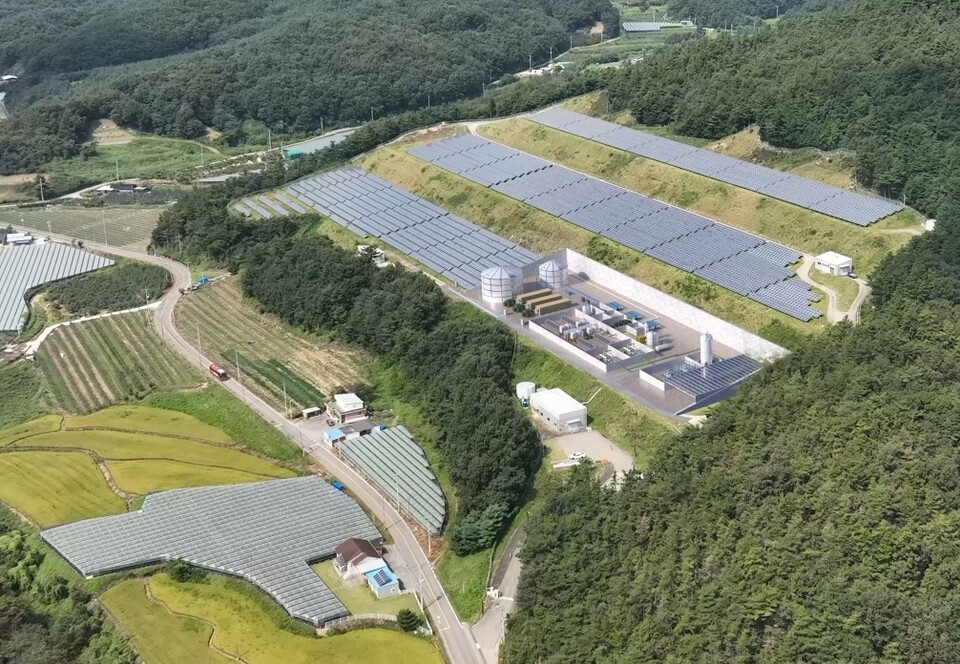 삼성물산이 경북 김천에 구축하고 있는 그린수소 생산기지 조감도로, 태양광발전과 연계해 하루 600kg의 그린수소를 생산할 예정이다.(사진=삼성물산)